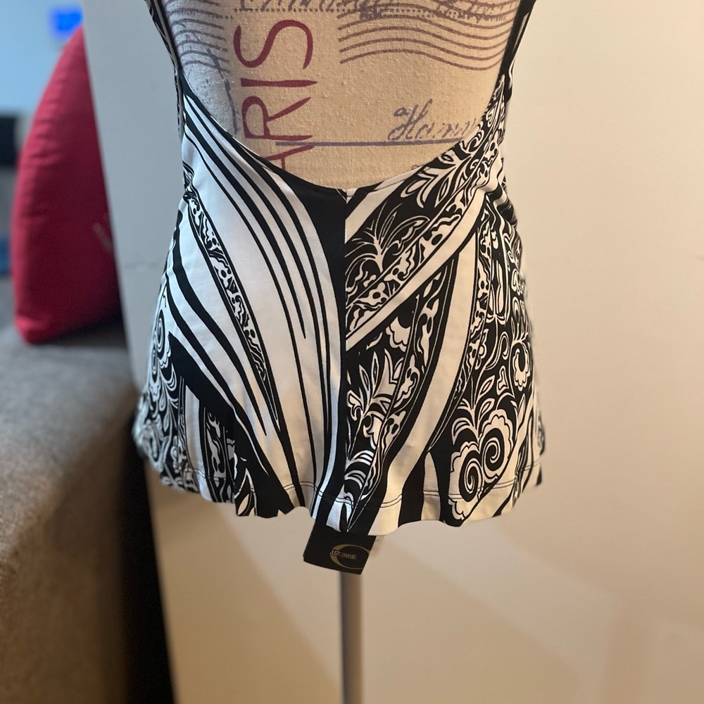 Just Cavalli Black and White V-Neck Graphic Sleeveless Tank - Picture 8 of 16